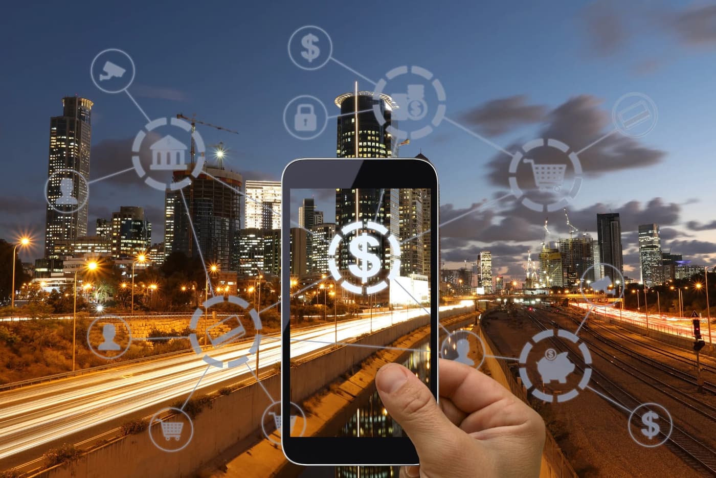Fintech — smartphone with city skyline and digital payments overlay